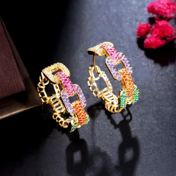 New Trendy Colorful Micro Pave CZ Stones Gold Plated Geometric Cuban Chain Link Hoop Earrings for Women Jewelry - Image 4