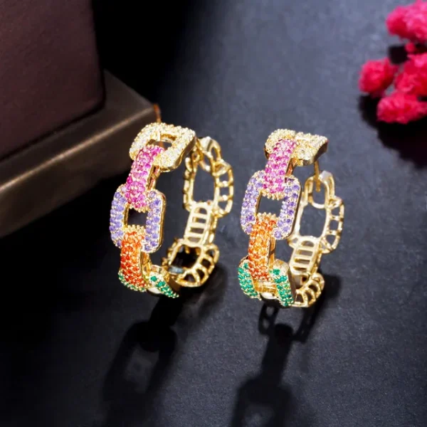 New Trendy Colorful Micro Pave CZ Stones Gold Plated Geometric Cuban Chain Link Hoop Earrings for Women Jewelry - Image 6