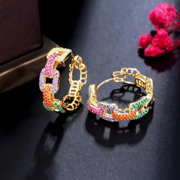 New Trendy Colorful Micro Pave CZ Stones Gold Plated Geometric Cuban Chain Link Hoop Earrings for Women Jewelry - Image 5