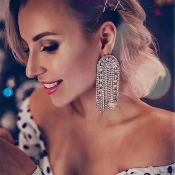 Luxury Shiny Rhinestone Tassel Dangle Earrings Jewelry For Women Fashion Show Lady's Statement Daily Accessories - Image 2